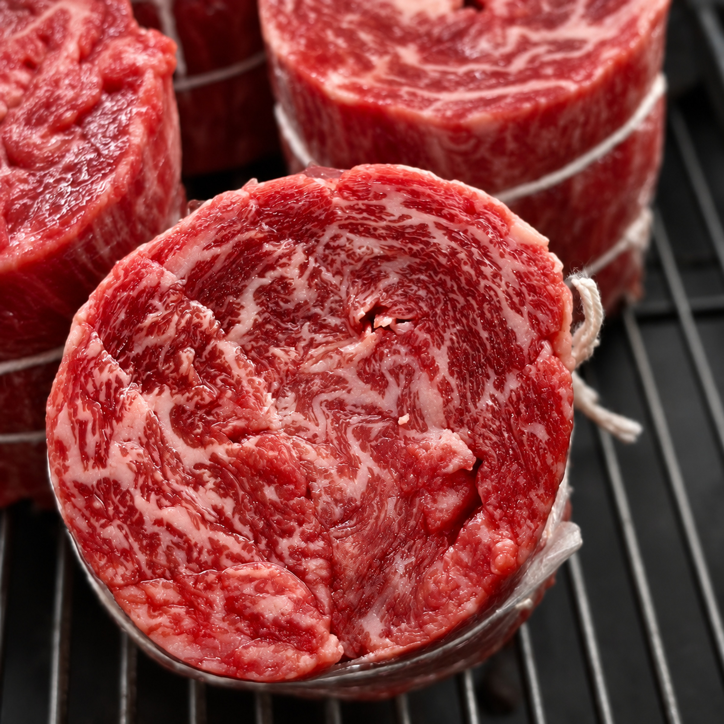 老饕牛排原肉特寫，細緻油花交織的手工裁切牛肉
